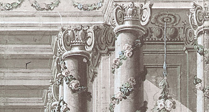 Detalj av kuliss i scenbilden "Ett Joniskt Tempel" målad av Carlo Galli Bibiena 1774
