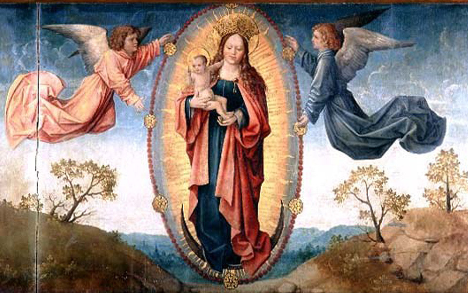 Altartavla av Maria som håller i Jesusbarnet.