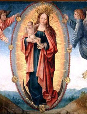 Altartavla av Maria som håller i Jesusbarnet.