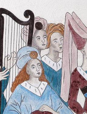Procession av musicerande kvinnor i medeltida kläder.