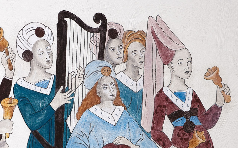 Procession av musicerande kvinnor i medeltida kläder.