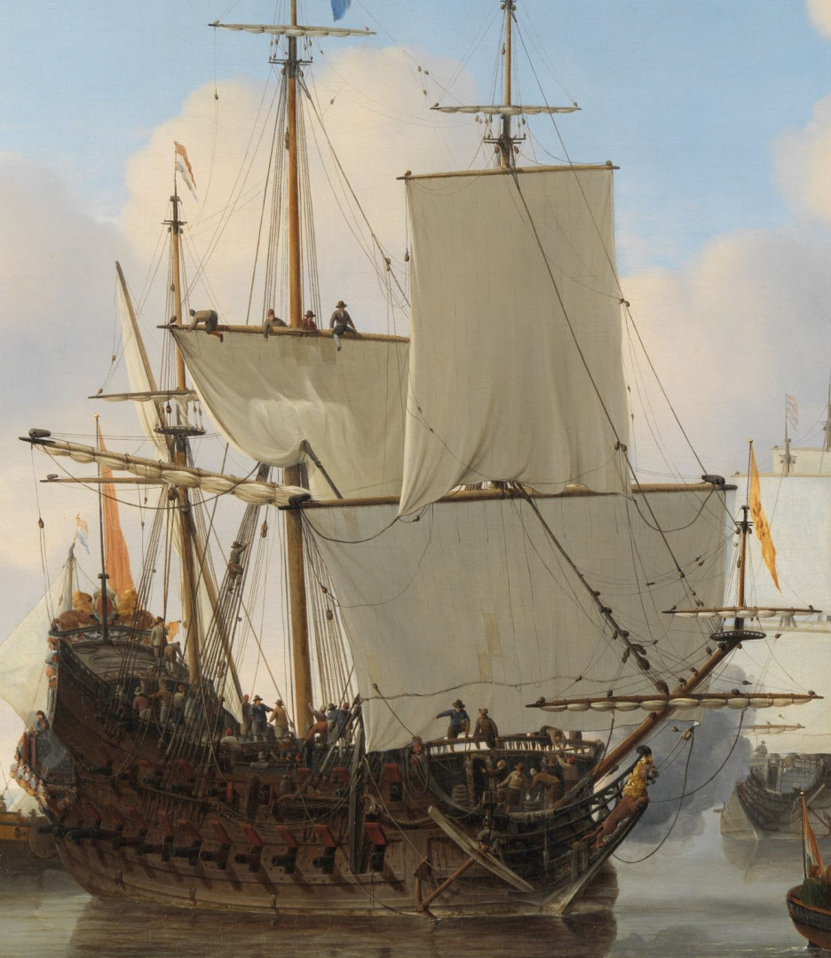 ”Dutch Ships in a Calm  Sea” av Willem van de Velde d. y., 1665. Beskuren.