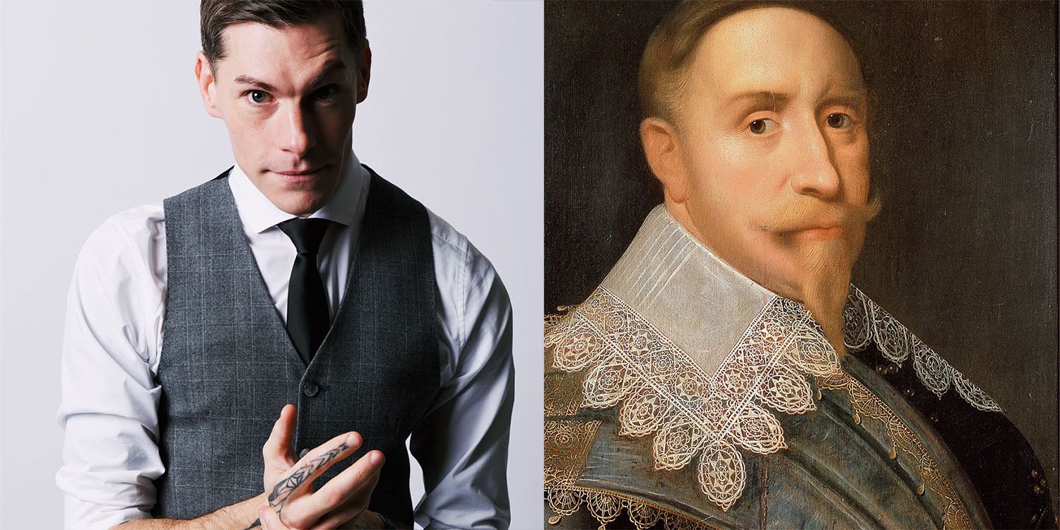 Foto av scen-poeten Niklas Mesaros, och målning av kung Gustav II Adolf.