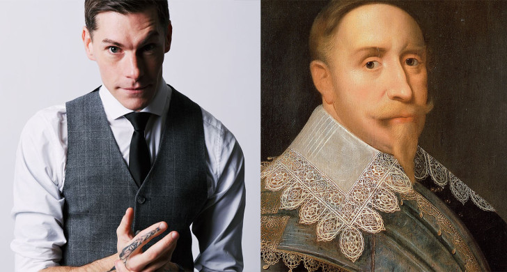 Foto av scen-poeten Niklas Mesaros, och målning av kung Gustav II Adolf.