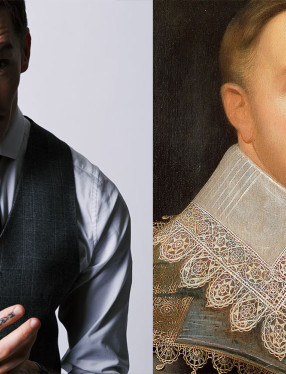 Foto av scen-poeten Niklas Mesaros, och målning av kung Gustav II Adolf.