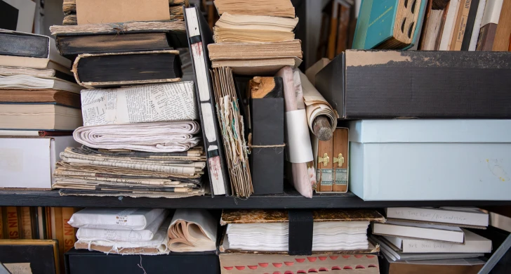 Bokhylla med många olika sorters böcker. Fotografi.