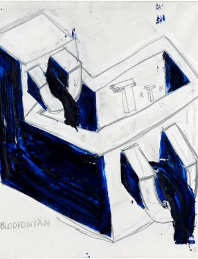 Oljemålning med en tredimensionell figur i blått.