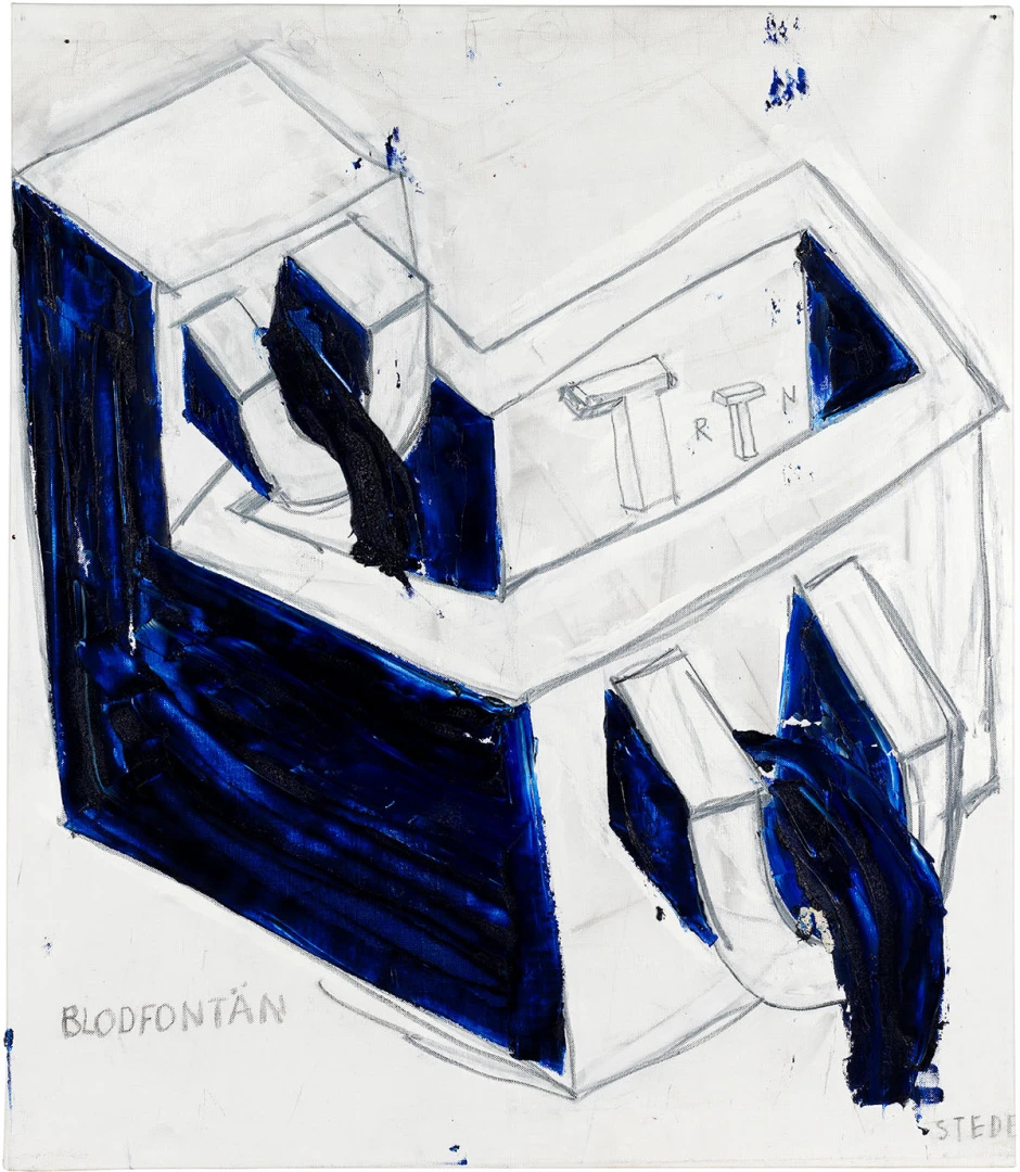 Oljemålning med en tredimensionell figur i blått.