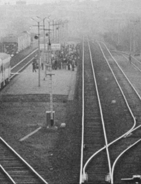 En svartvit bild från en tågstation med tjock dimma.