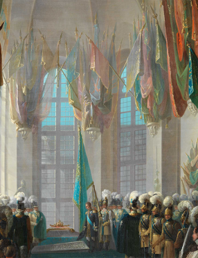 Detalj av målningen 'Gustav II Adolfs kista öppnas 1832', av Henrik Teodor Lundh.