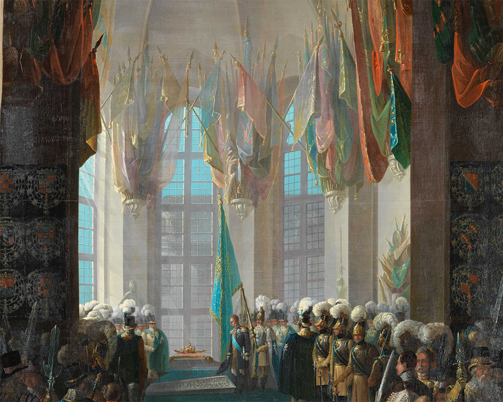 Detalj av målningen 'Gustav II Adolfs kista öppnas 1832', av Henrik Teodor Lundh.